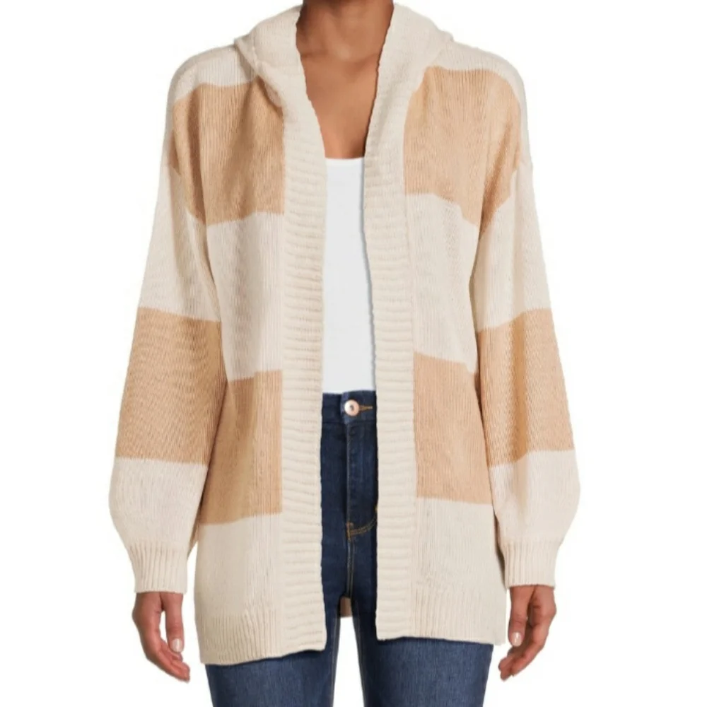 Cream Striped Hooded Cardigan Size Small NEW - Picture 2 of 10